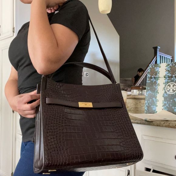 Tory Burch Women's Lee Radziwill Double Bag Handbag Embossed Pumpernickel - Picture 14 of 17